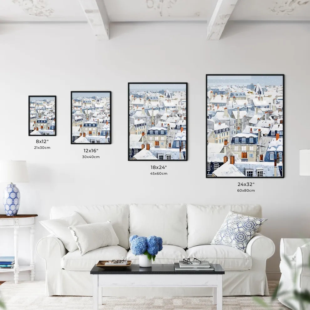 A Poster of snowy urban roofs of paris - A Snow Covered Rooftops Of A City Size Chart