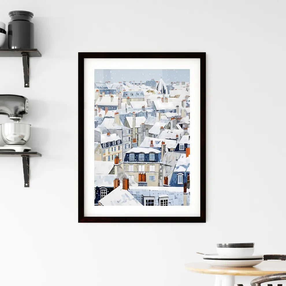 A Poster of snowy urban roofs of paris - A Snow Covered Rooftops Of A City Custom Print