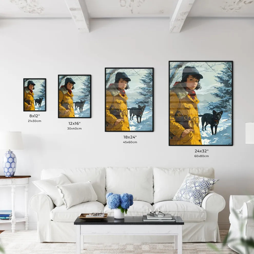 A Poster of a girl is walking with a black dog  Size Chart