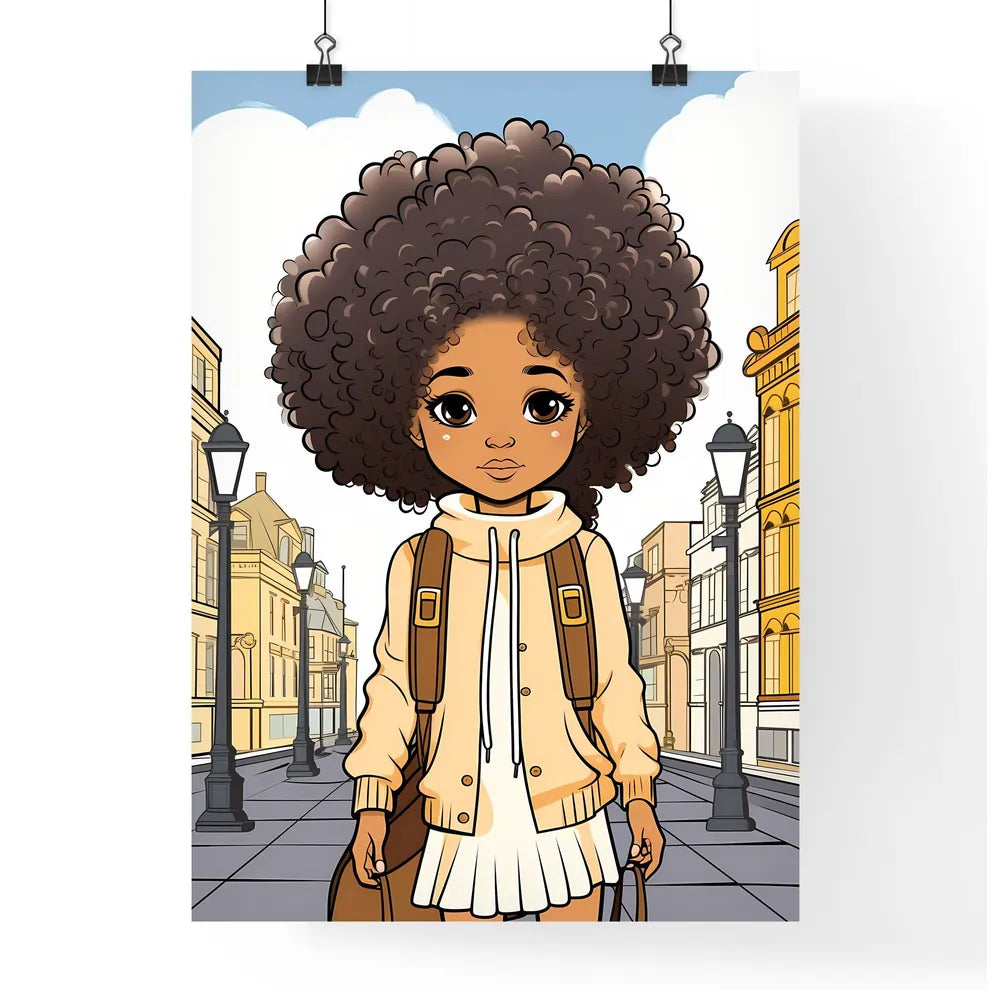 A Poster of cute afro girl - Cartoon Girl With Curly Hair And Backpack Walking Down A Street Poster