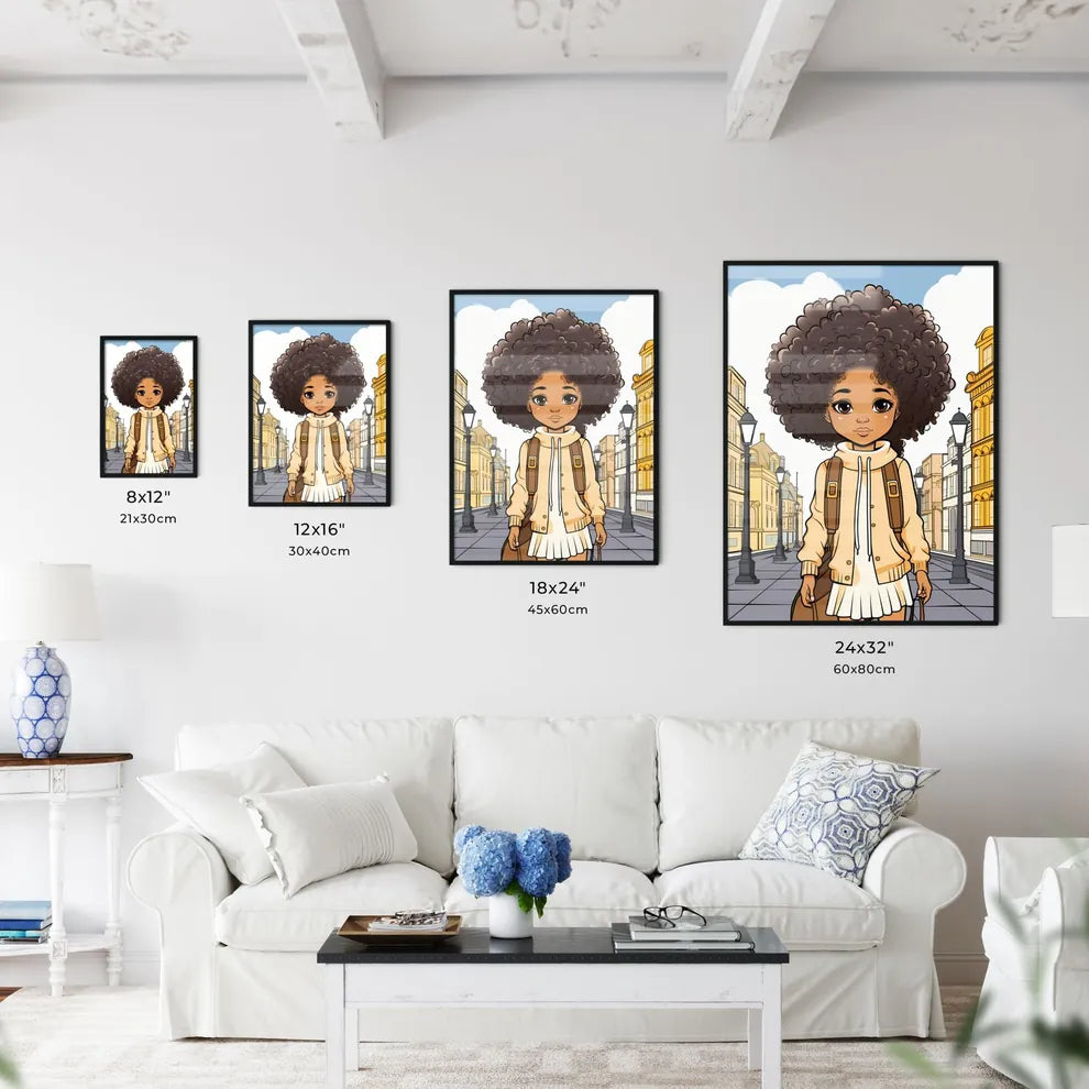 A Poster of cute afro girl - Cartoon Girl With Curly Hair And Backpack Walking Down A Street Size Chart