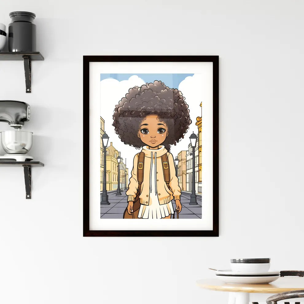 A Poster of cute afro girl - Cartoon Girl With Curly Hair And Backpack Walking Down A Street Custom Print