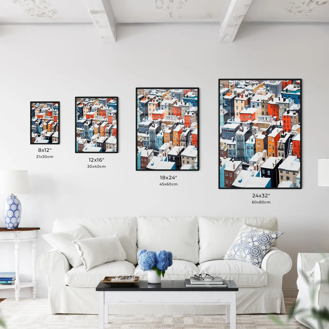 A Poster of snowy urban roofs of New York City - A Group Of Buildings Covered In Snow Size Chart