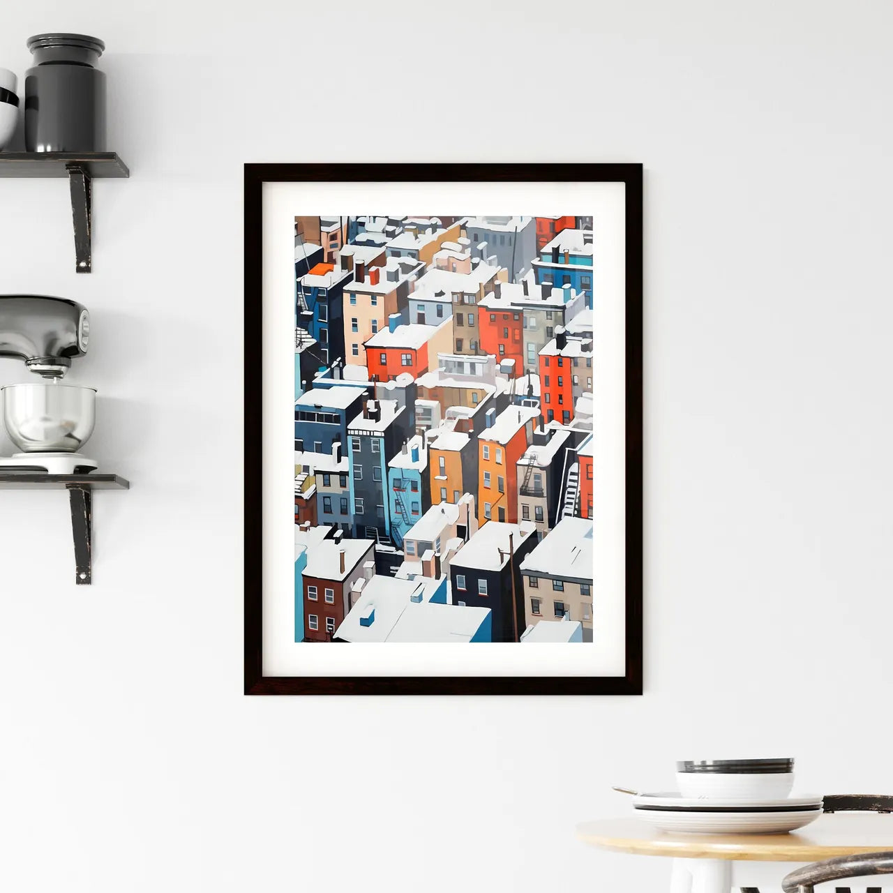 A Poster of snowy urban roofs of New York City - A Group Of Buildings Covered In Snow Custom Print