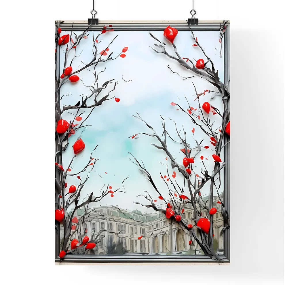 A Poster of Holiday Frame made from Christmas tree - A Tree Branches With Red Berries And Leaves Poster
