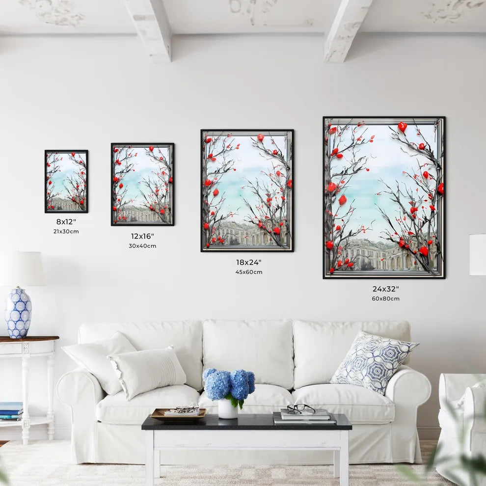 A Poster of Holiday Frame made from Christmas tree - A Tree Branches With Red Berries And Leaves Size Chart