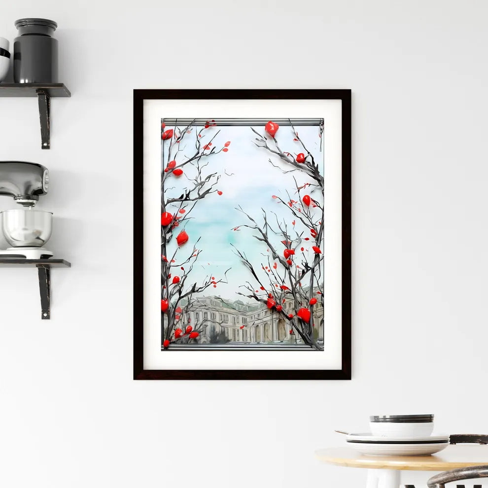 A Poster of Holiday Frame made from Christmas tree - A Tree Branches With Red Berries And Leaves Custom Print
