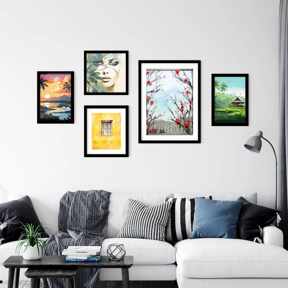 A Poster of Holiday Frame made from Christmas tree - A Tree Branches With Red Berries And Leaves Interior Design