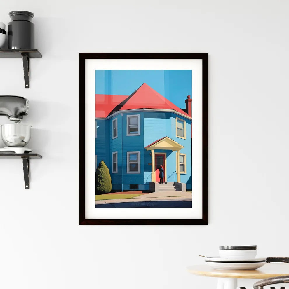 A Poster of nursing home saturated color - A Person Standing In Front Of A Blue House Custom Print
