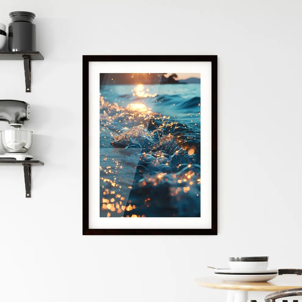 A Poster of sunset kissing the shimmering oc Framed Print