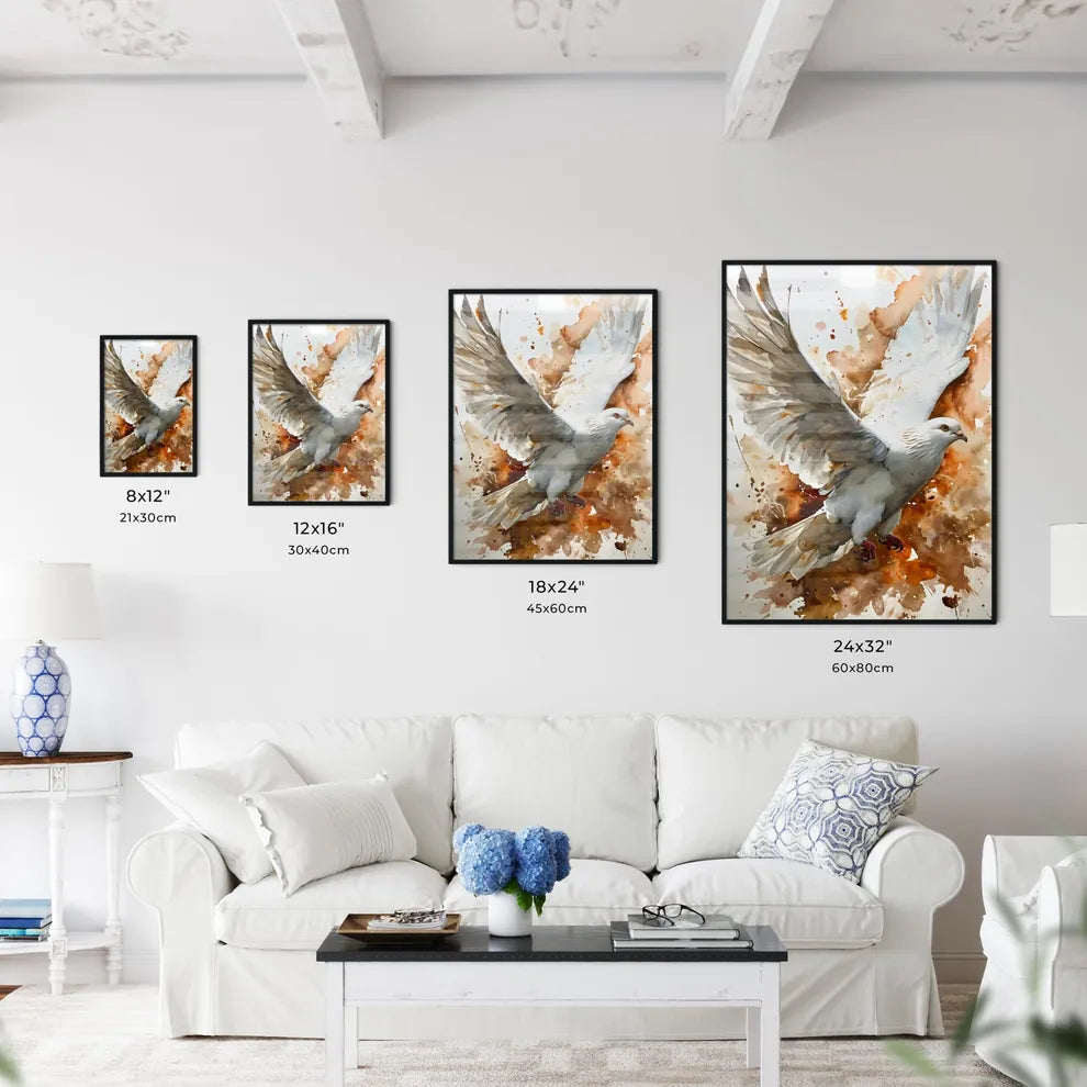 A Poster of watercolor bird in flight in beige tones  Size Chart