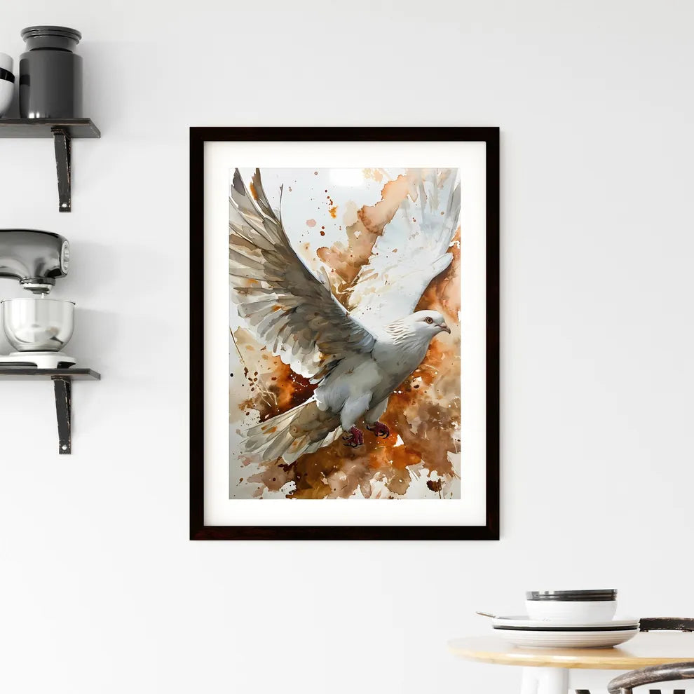 A Poster of watercolor bird in flight in beige tones  Framed Print