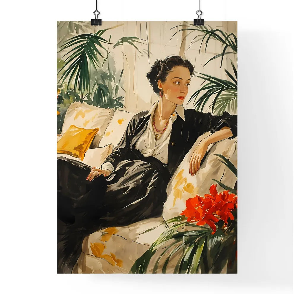 A Poster of drawing of a woman lounging on c Poster