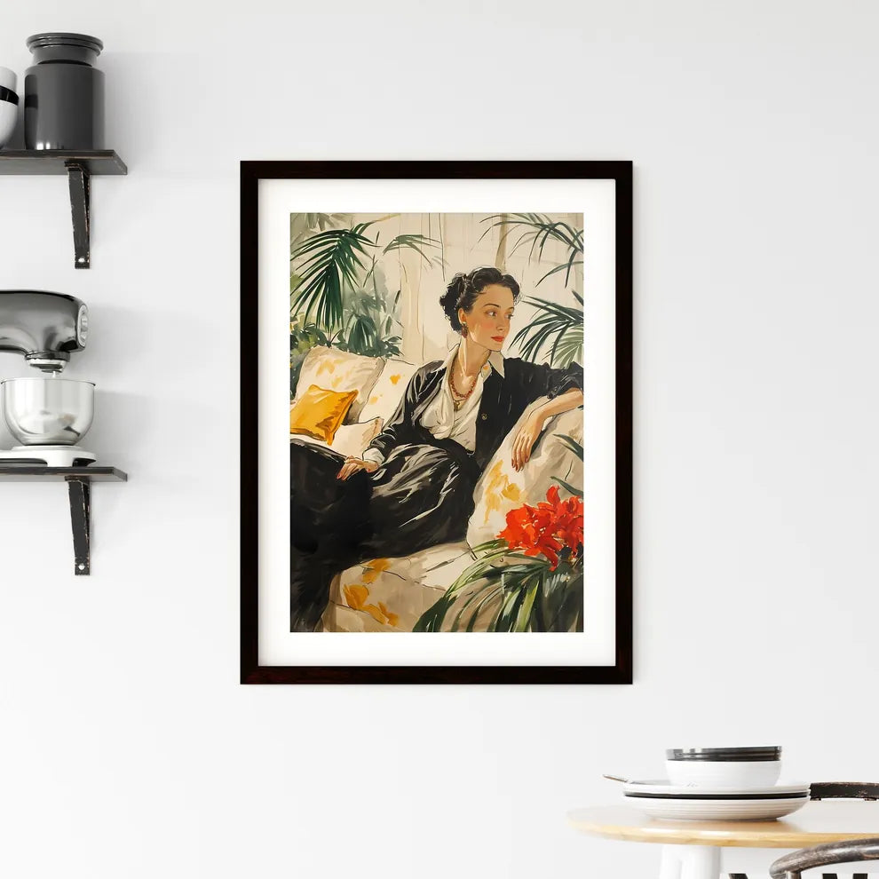 A Poster of drawing of a woman lounging on c Framed Print