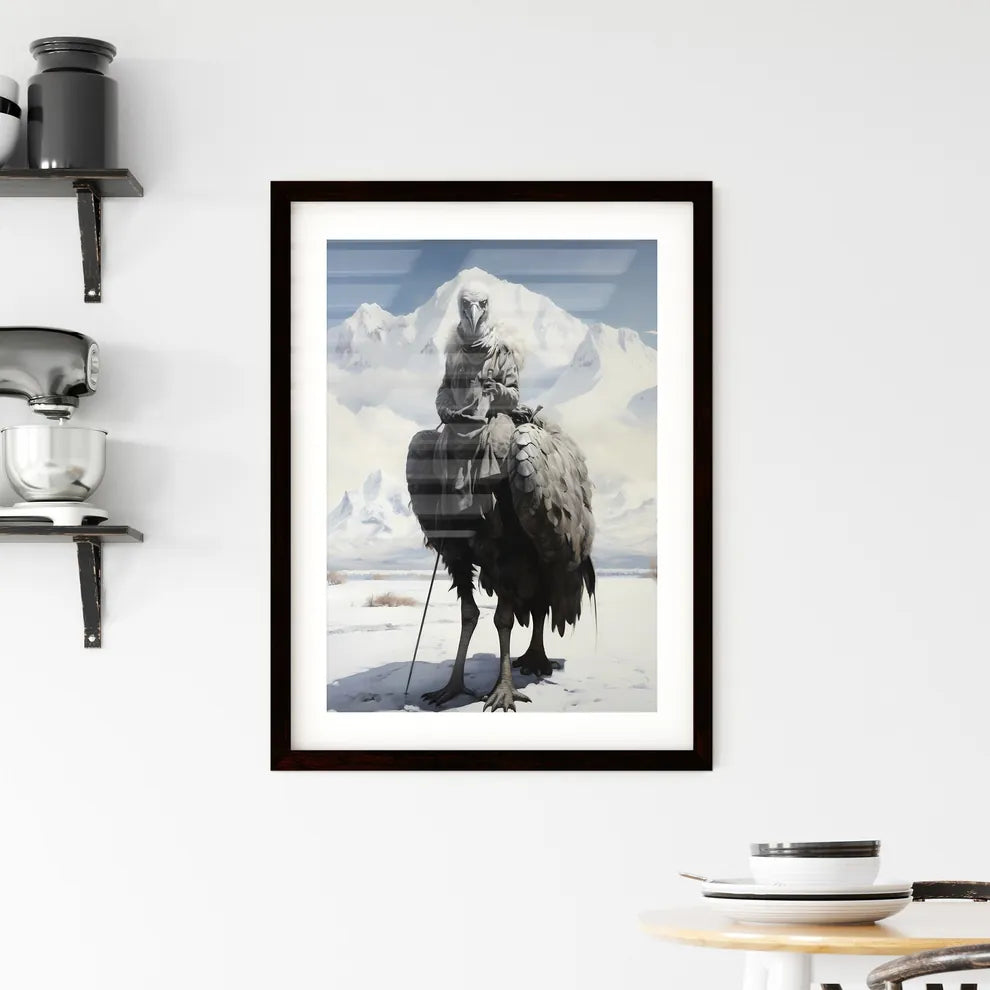 A Poster of A rider on a large ostrich  Framed Print