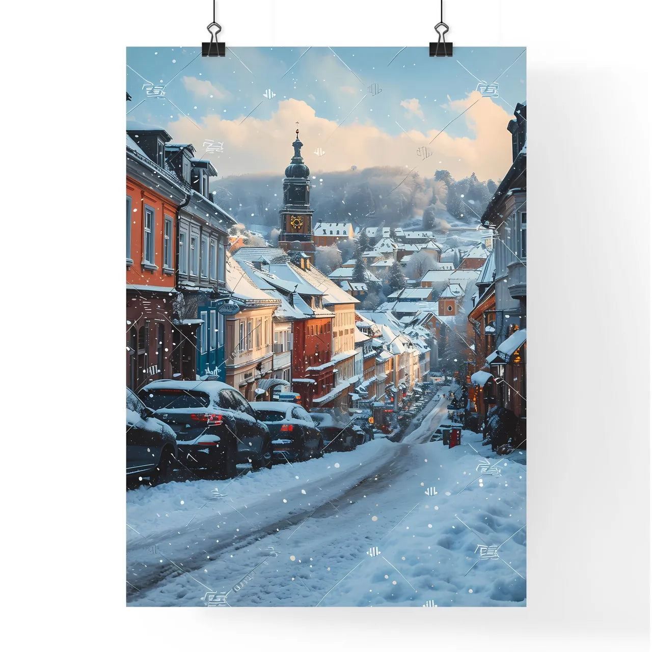 A Poster of Darmstadt Hesse germany Skyline - A Snowy Street With Cars And Buildings Poster