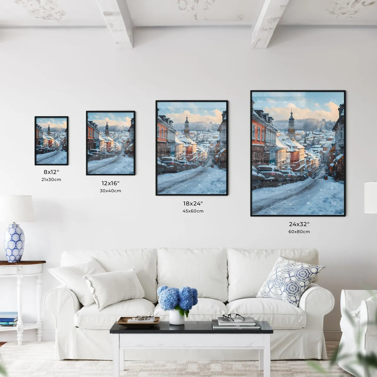 A Poster of Darmstadt Hesse germany Skyline - A Snowy Street With Cars And Buildings Size Chart