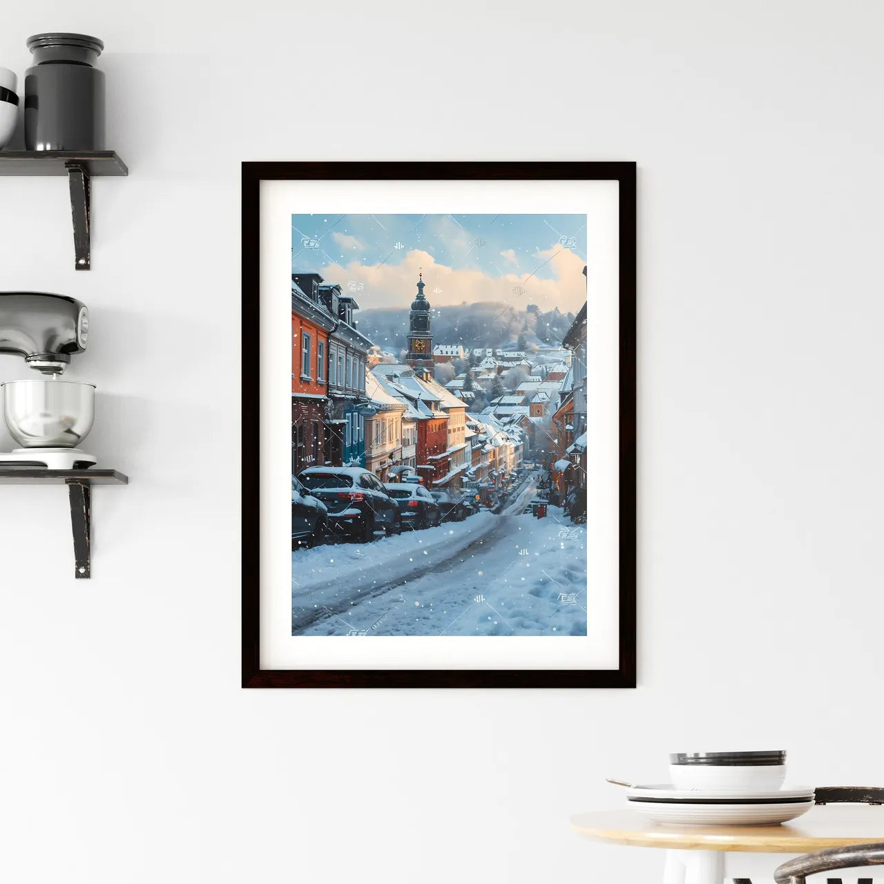 A Poster of Darmstadt Hesse germany Skyline - A Snowy Street With Cars And Buildings Custom Print