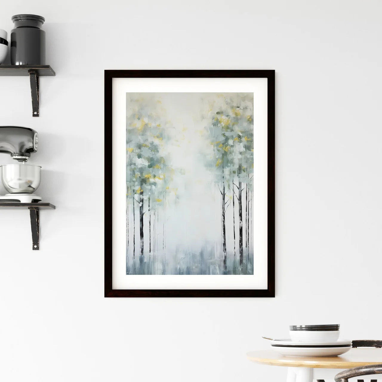 A Poster of painted forest of trees in white Framed Print