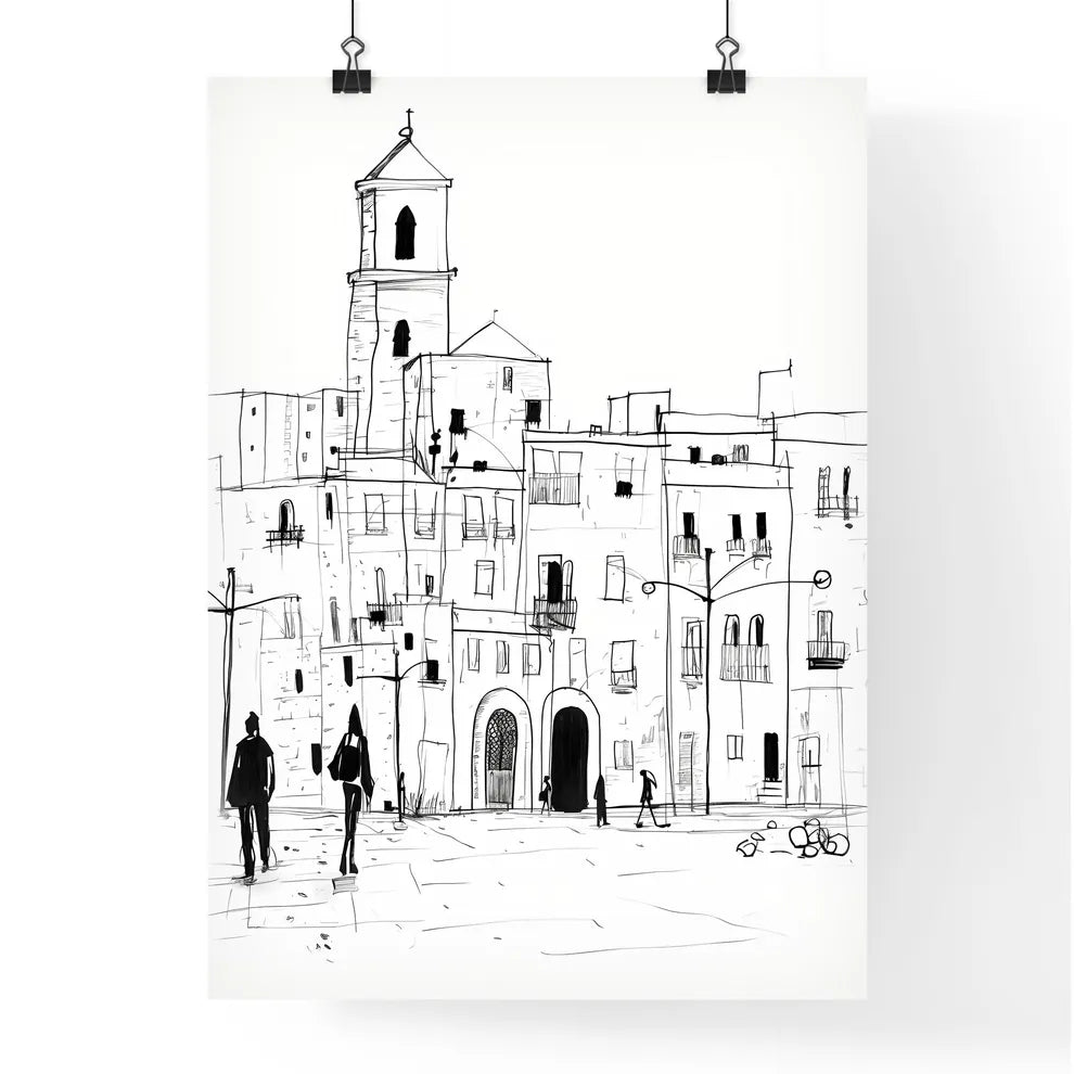 A Poster of Trapani TP city center and some people - A Drawing Of A Building With People Walking In Front Of It Poster