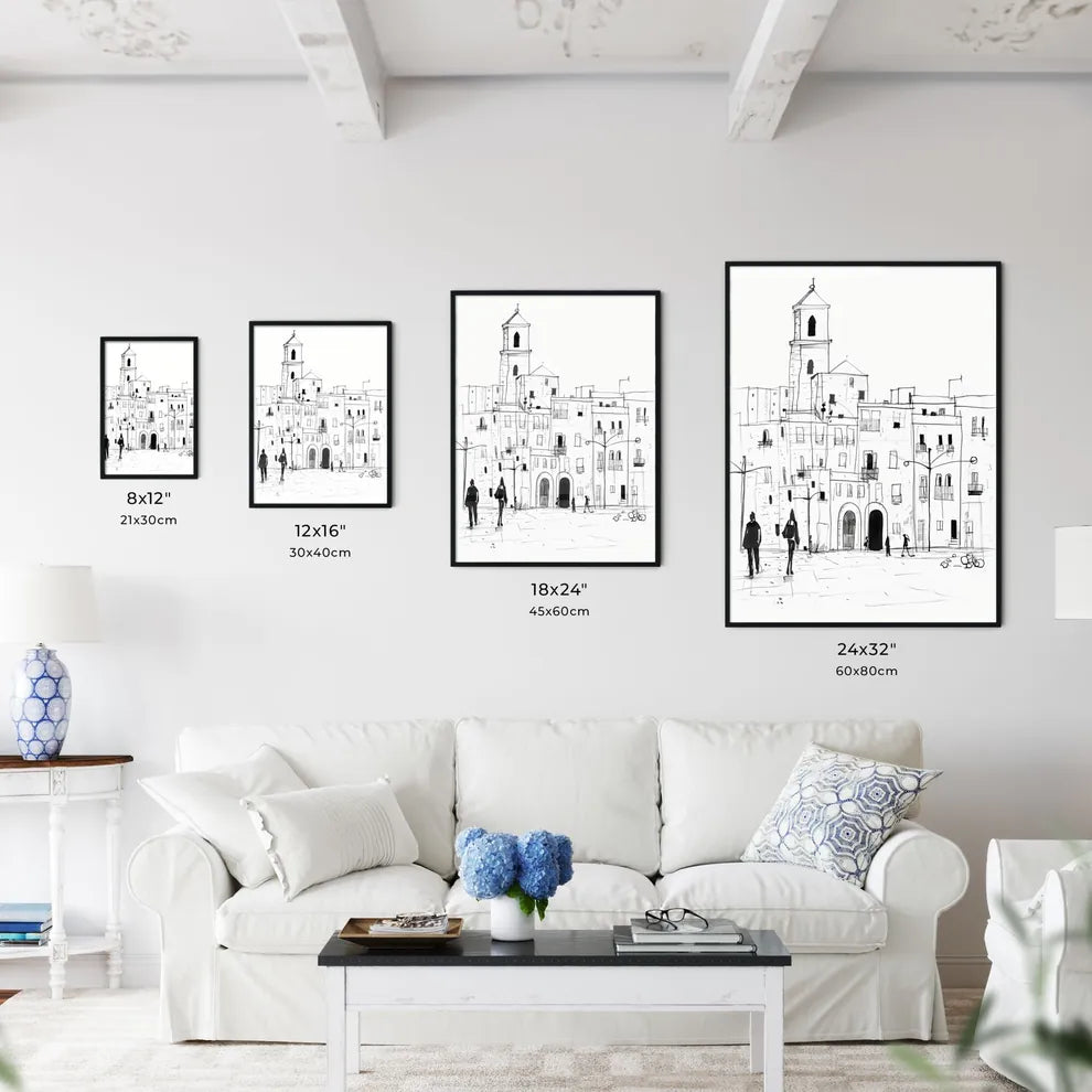 A Poster of Trapani TP city center and some people - A Drawing Of A Building With People Walking In Front Of It Size Chart