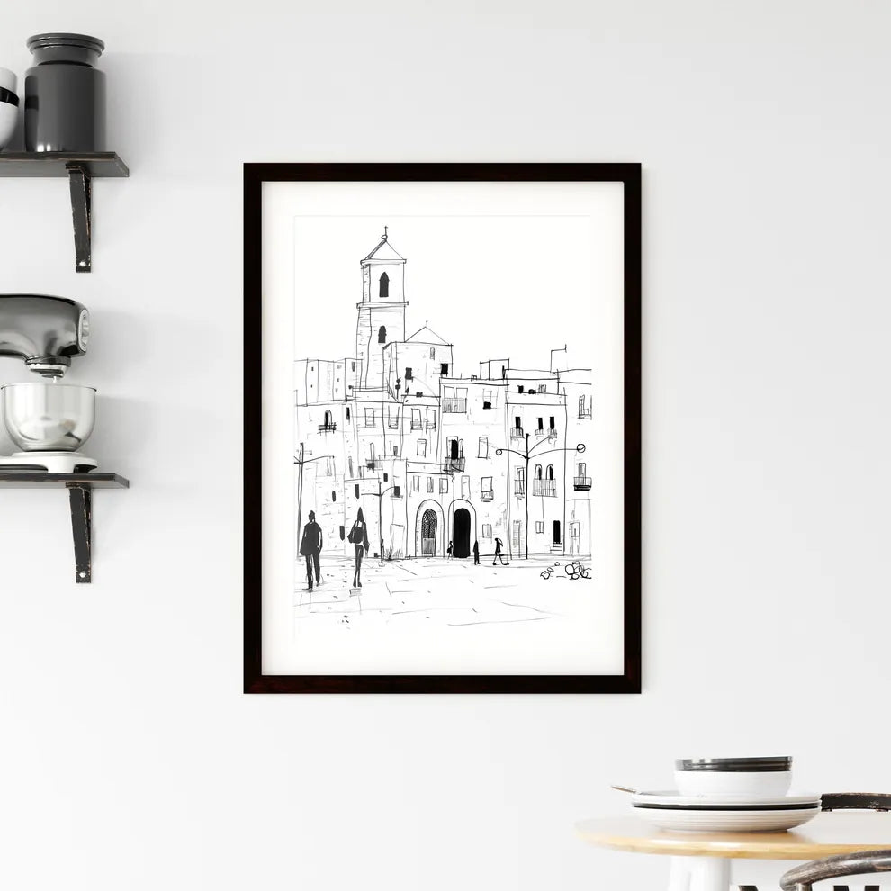 A Poster of Trapani TP city center and some people - A Drawing Of A Building With People Walking In Front Of It Custom Print