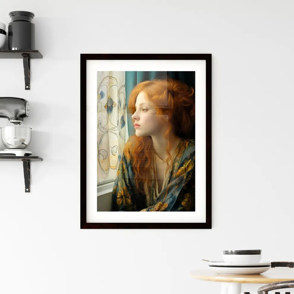 A Poster of woman with red hair sitting - A  Framed Print