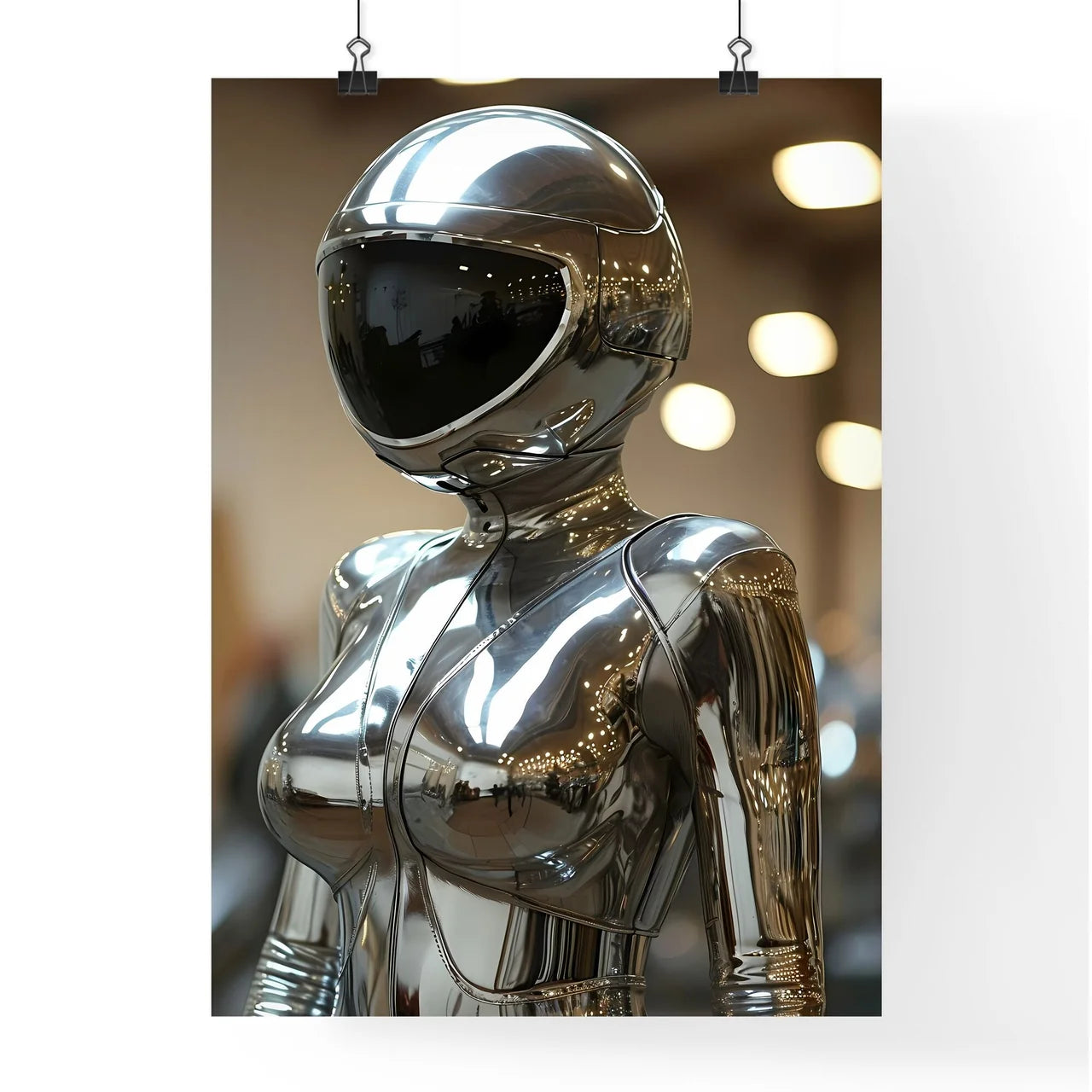 A Poster of a woman wearing chrome reflective body suite  Poster