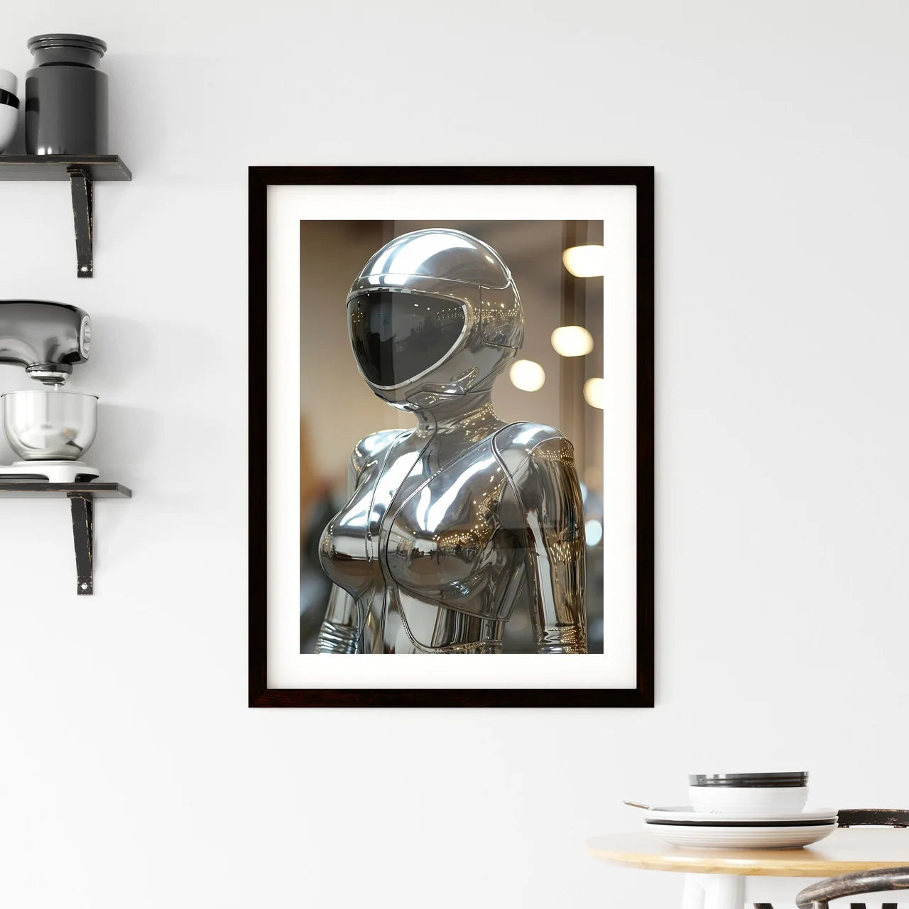 A Poster of a woman wearing chrome reflective body suite  Framed Print