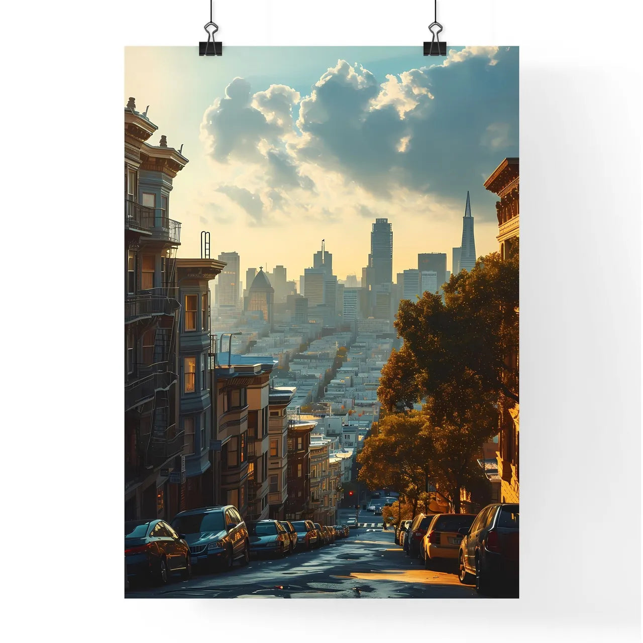 A Poster of San Franciso Skyline - A City With Cars Parked On A Street Poster