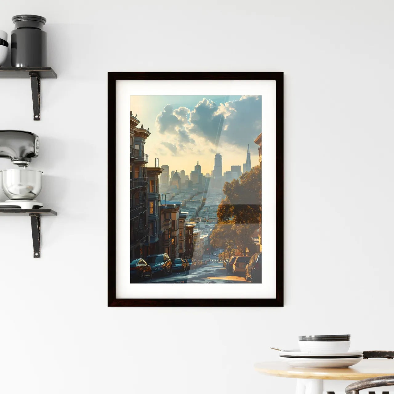 A Poster of San Franciso Skyline - A City With Cars Parked On A Street Custom Print