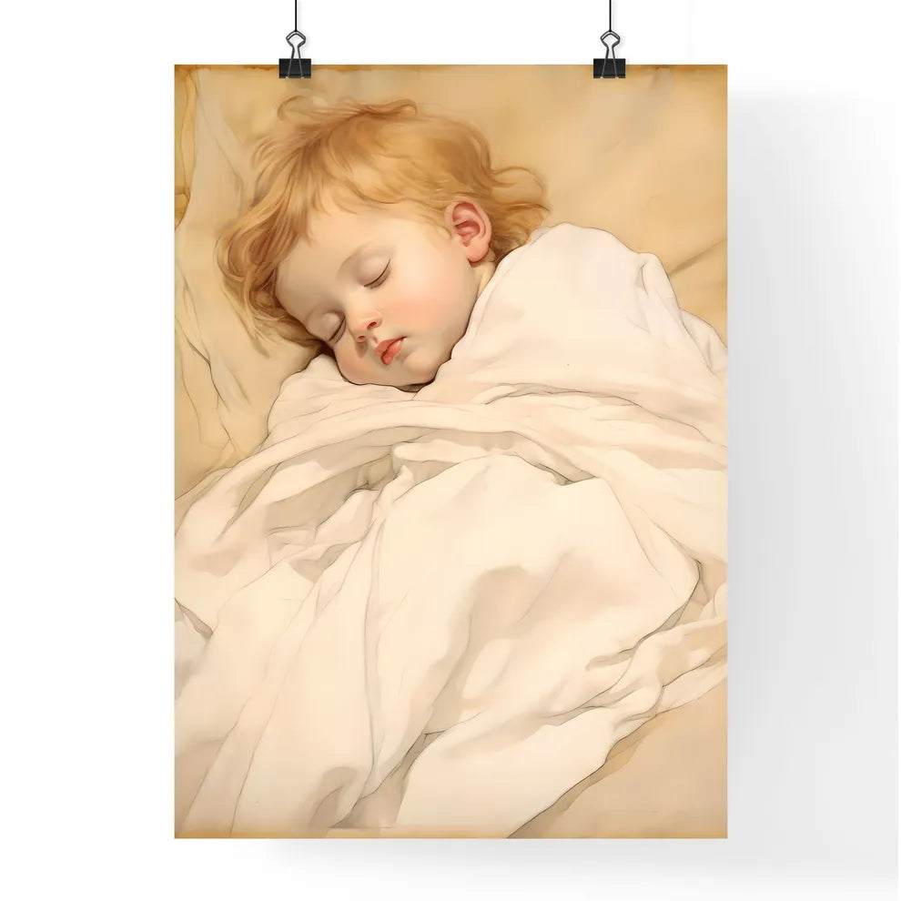 A Poster of baby sleeping in a white blanket Poster
