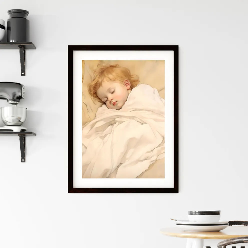 A Poster of baby sleeping in a white blanket Framed Print
