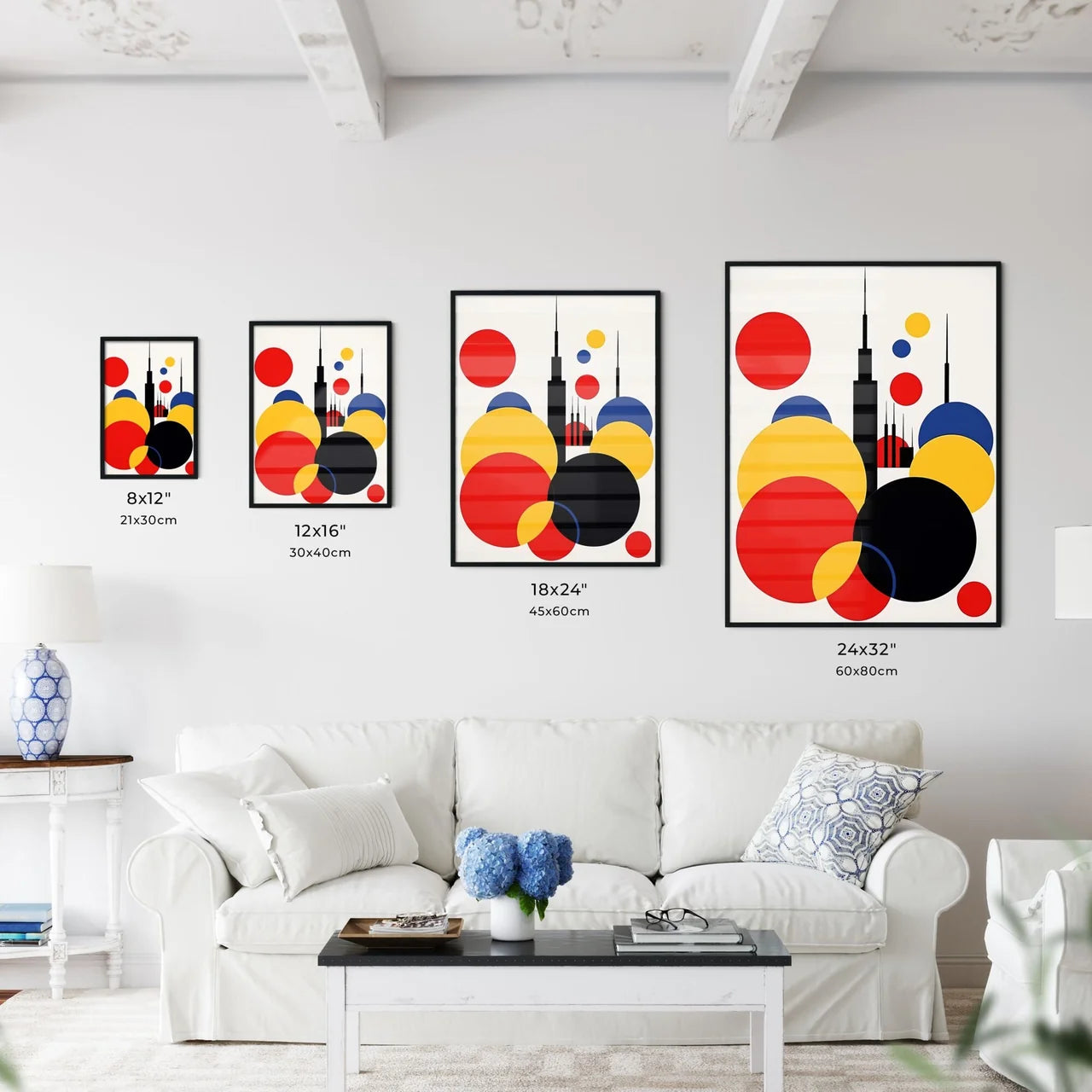 A Poster of minimalist Tokyo skyline - A Colorful Circles And A Building Size Chart