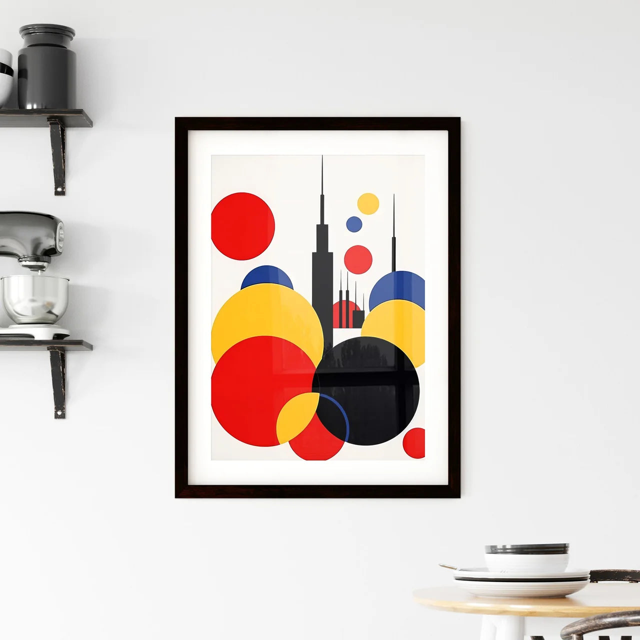 A Poster of minimalist Tokyo skyline - A Colorful Circles And A Building Custom Print