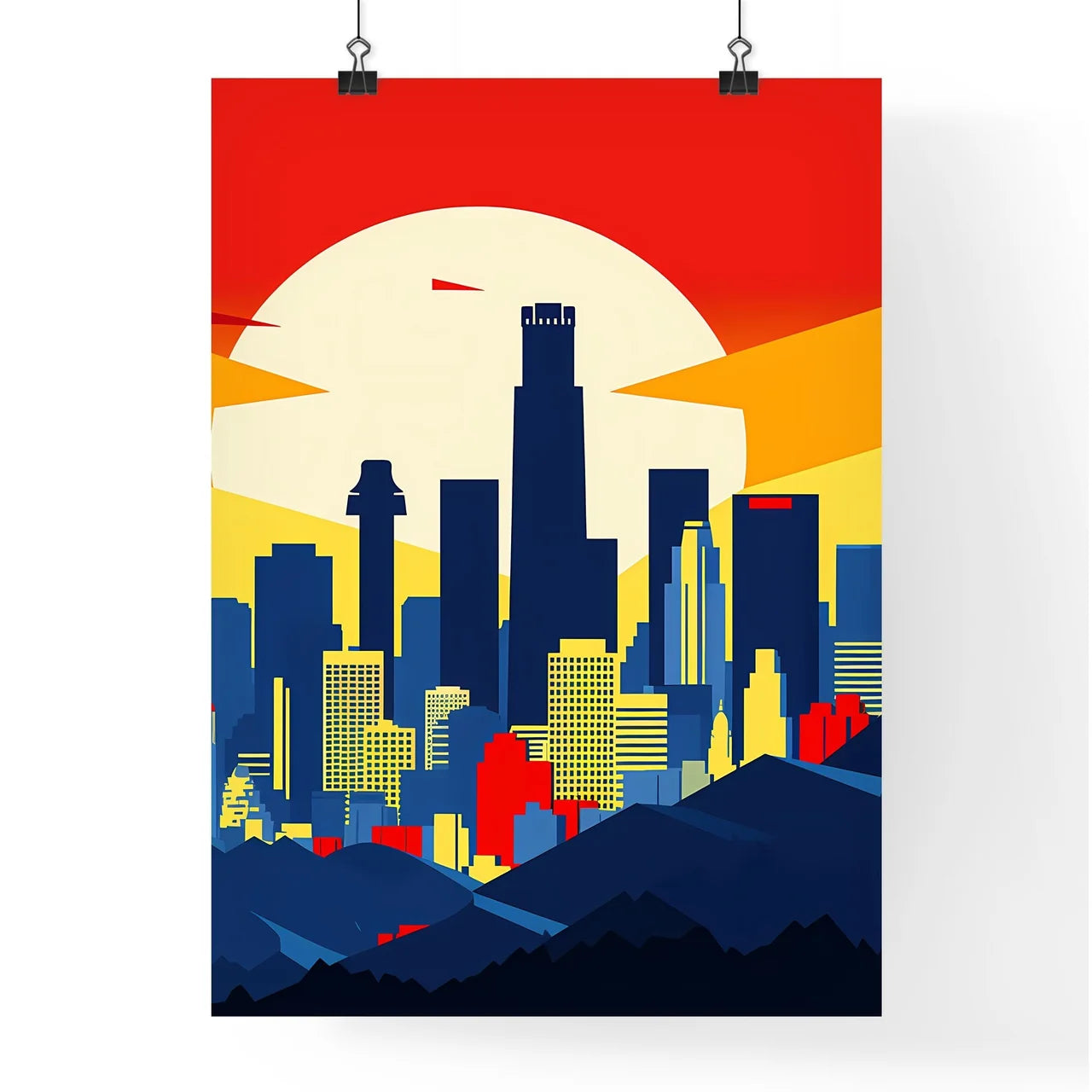 A Poster of minimalist Los Angeles skyline - A City Skyline With A Sun Behind It Poster