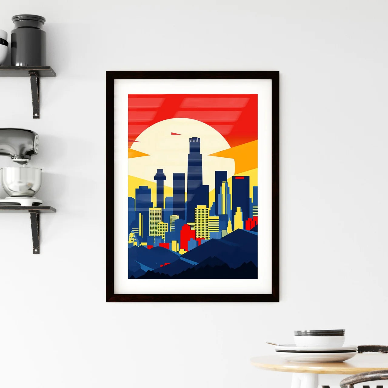 A Poster of minimalist Los Angeles skyline - A City Skyline With A Sun Behind It Custom Print