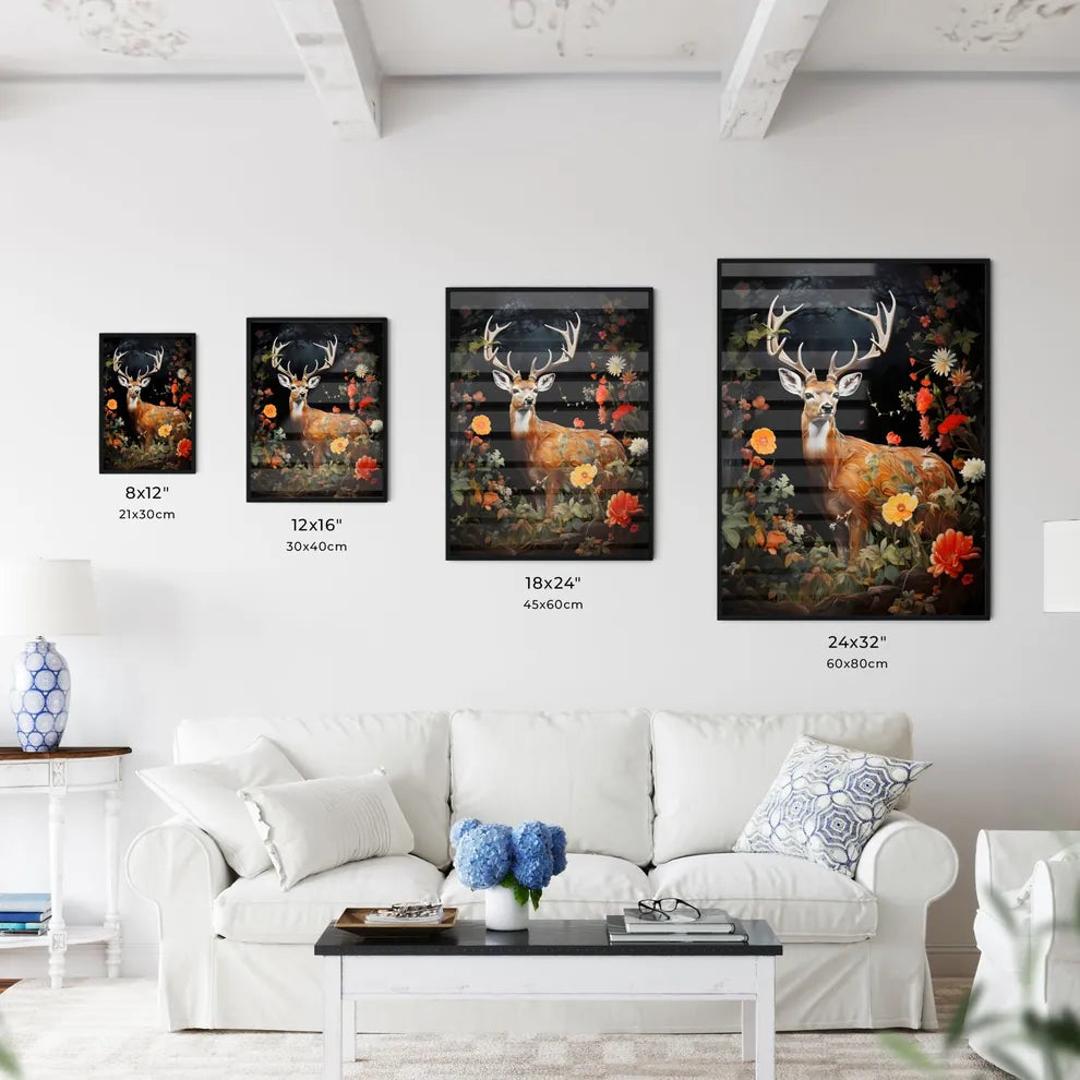 A Poster of the deer is standing by a tree  Size Chart