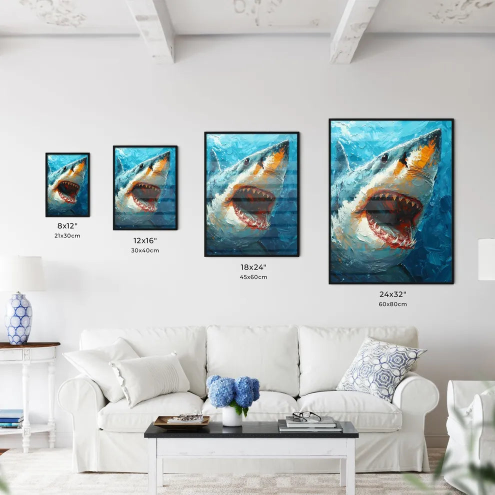 A Poster of The Shark Portrait with colorful Background  Size Chart