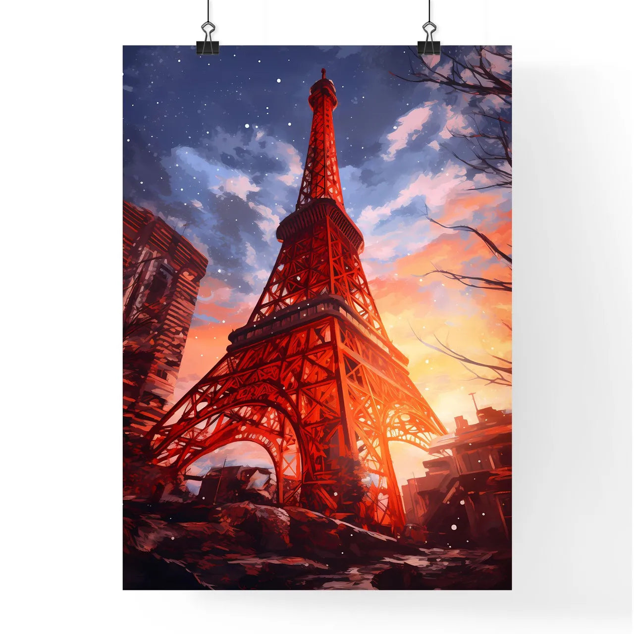 A Poster of A painting of the Tokyo Tower - A Red Tower With Buildings In The Background With Tokyo Tower In The Background Poster