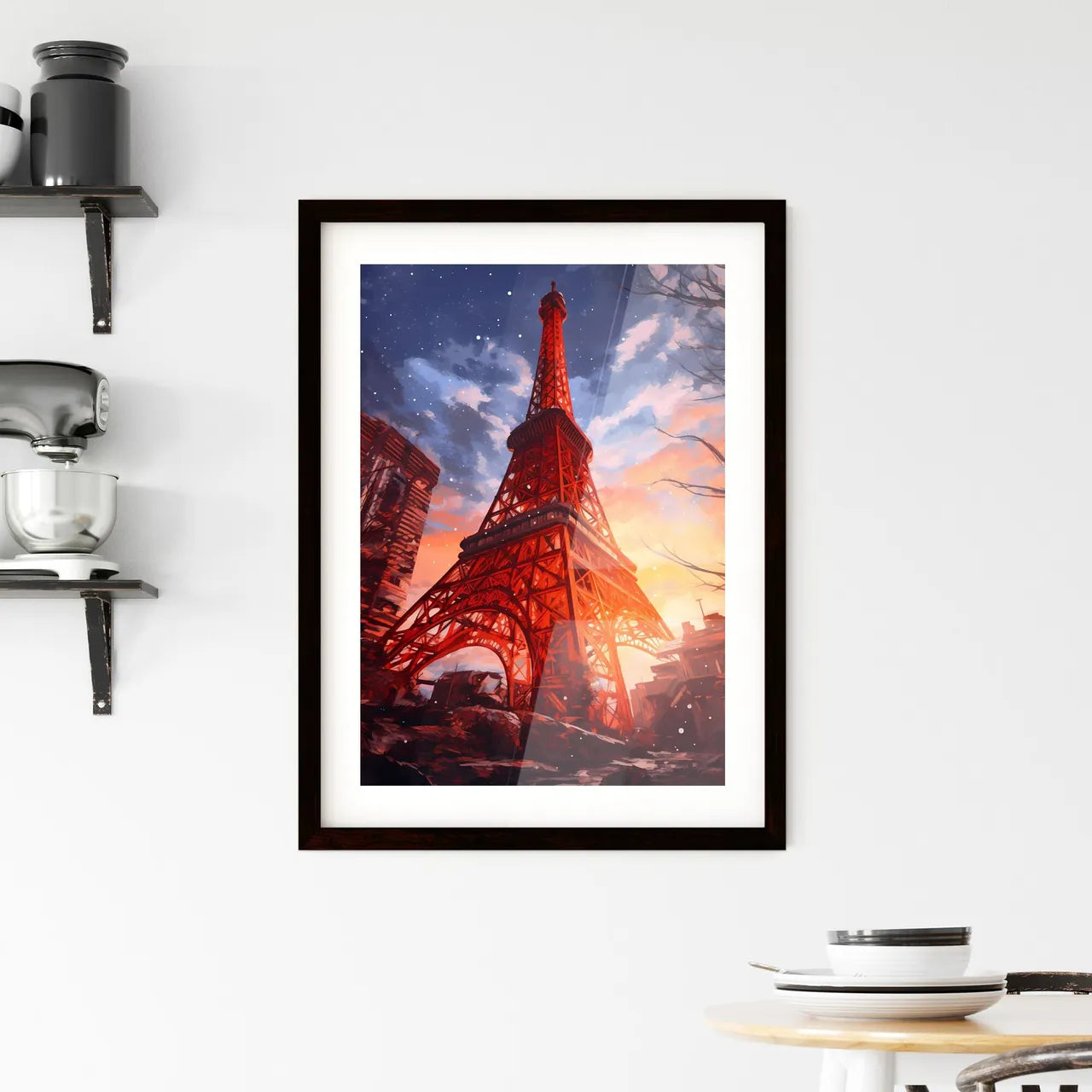 A Poster of A painting of the Tokyo Tower - A Red Tower With Buildings In The Background With Tokyo Tower In The Background Custom Print