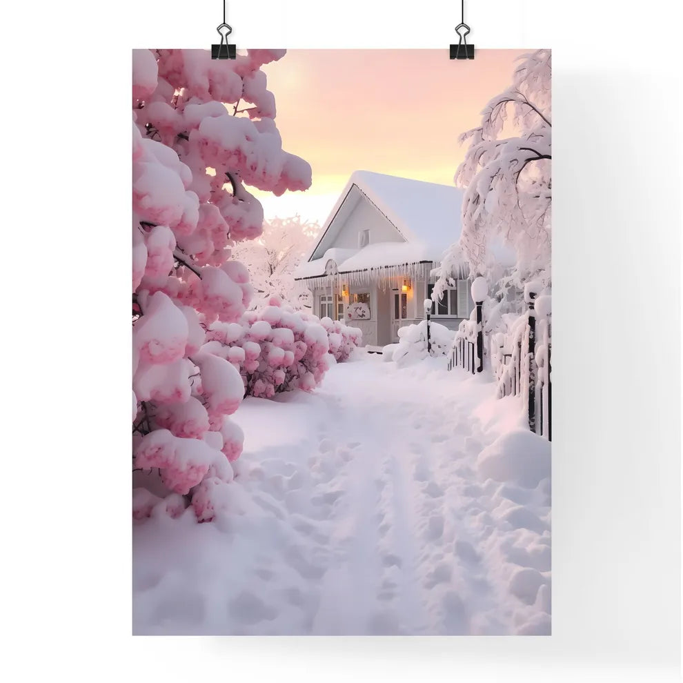 A Poster of beautiful snow scene - A House With Snow On Trees And A Fence Poster