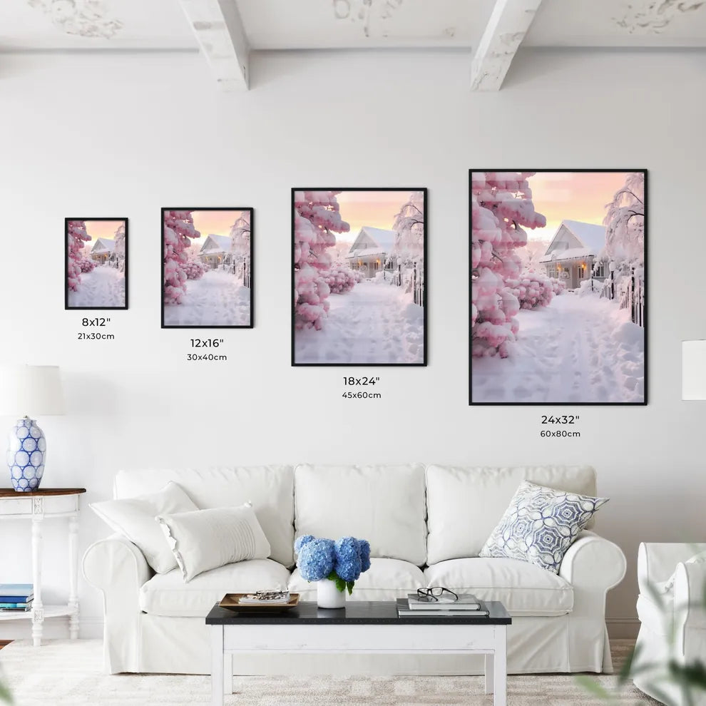 A Poster of beautiful snow scene - A House With Snow On Trees And A Fence Size Chart