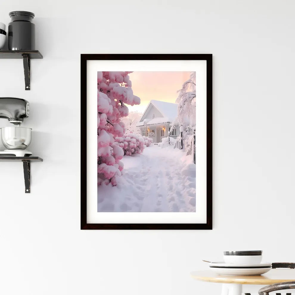 A Poster of beautiful snow scene - A House With Snow On Trees And A Fence Custom Print
