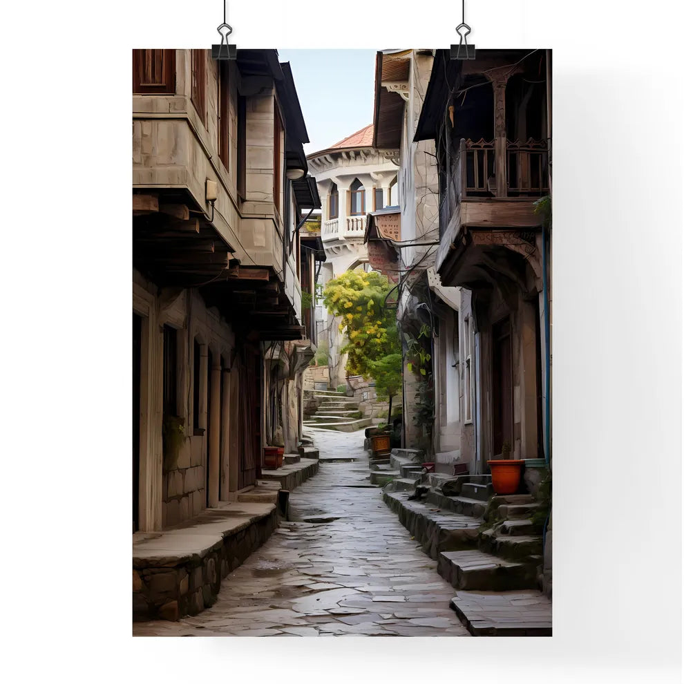 A Poster of Narrow street Ottoman architecture - A Stone Alleyway With Stone Buildings And Trees Poster