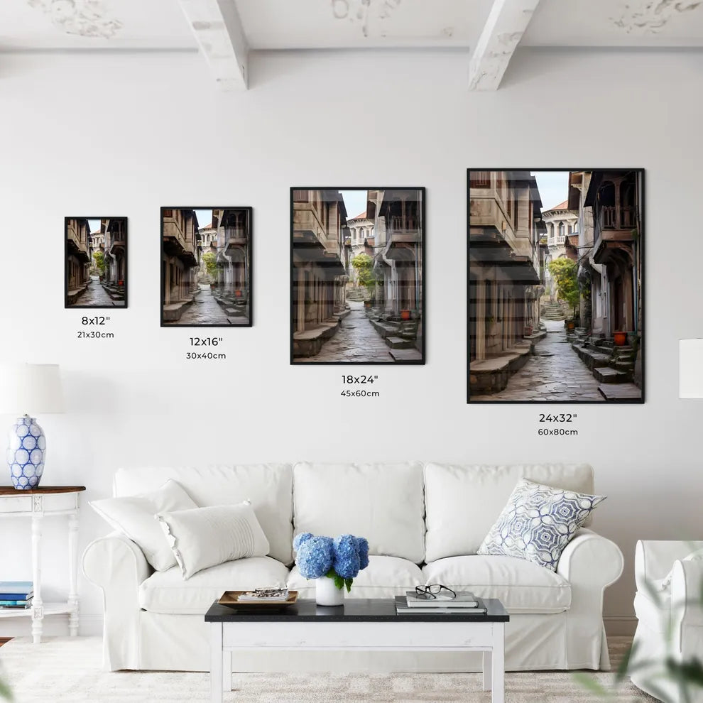 A Poster of Narrow street Ottoman architecture - A Stone Alleyway With Stone Buildings And Trees Size Chart