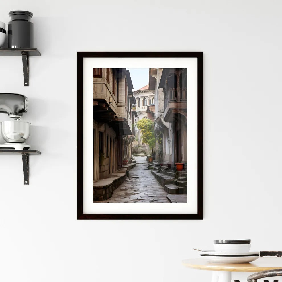 A Poster of Narrow street Ottoman architecture - A Stone Alleyway With Stone Buildings And Trees Custom Print