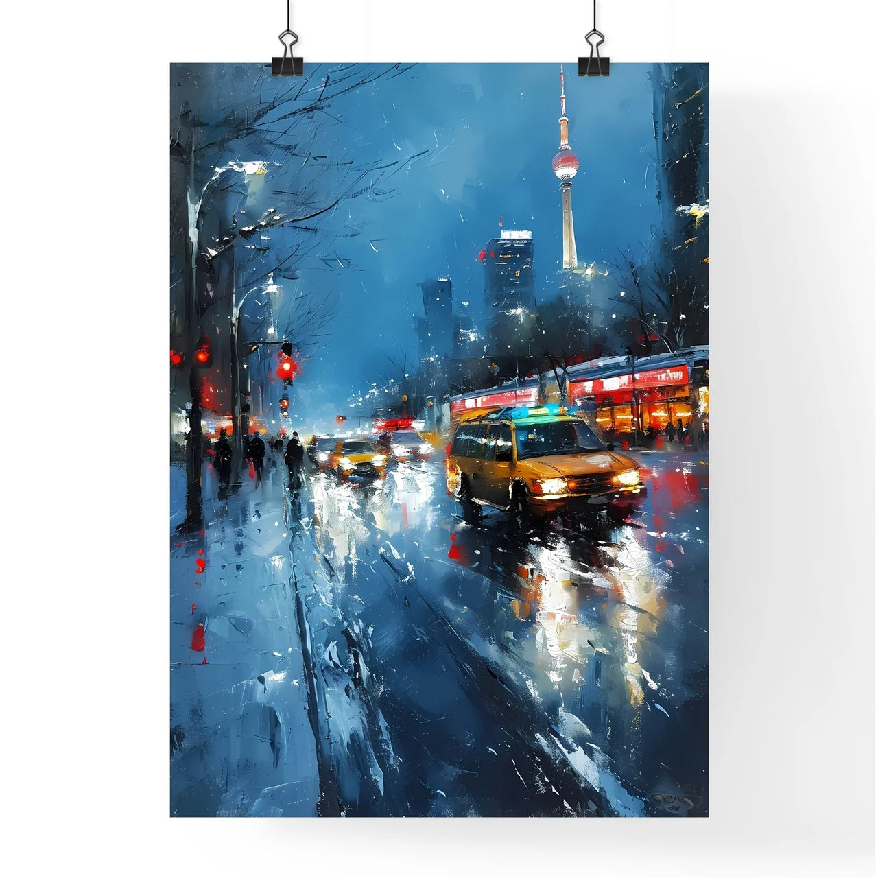 A Poster of Berlin Germany Skyline - A Yellow Taxi Driving Down A Wet Street Poster