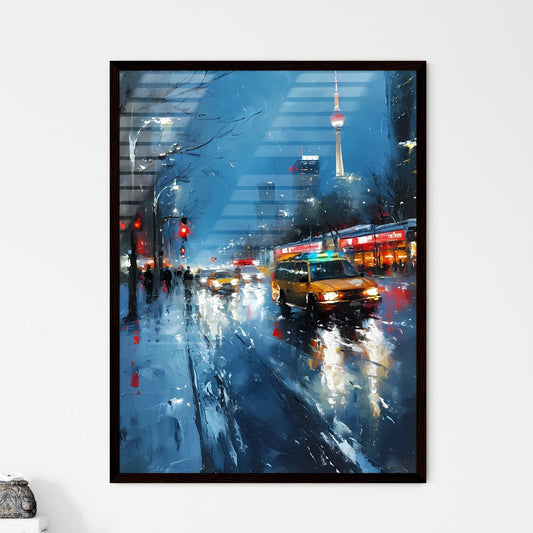A Poster of Berlin Germany Skyline - A Yellow Taxi Driving Down A Wet Street Framed Art