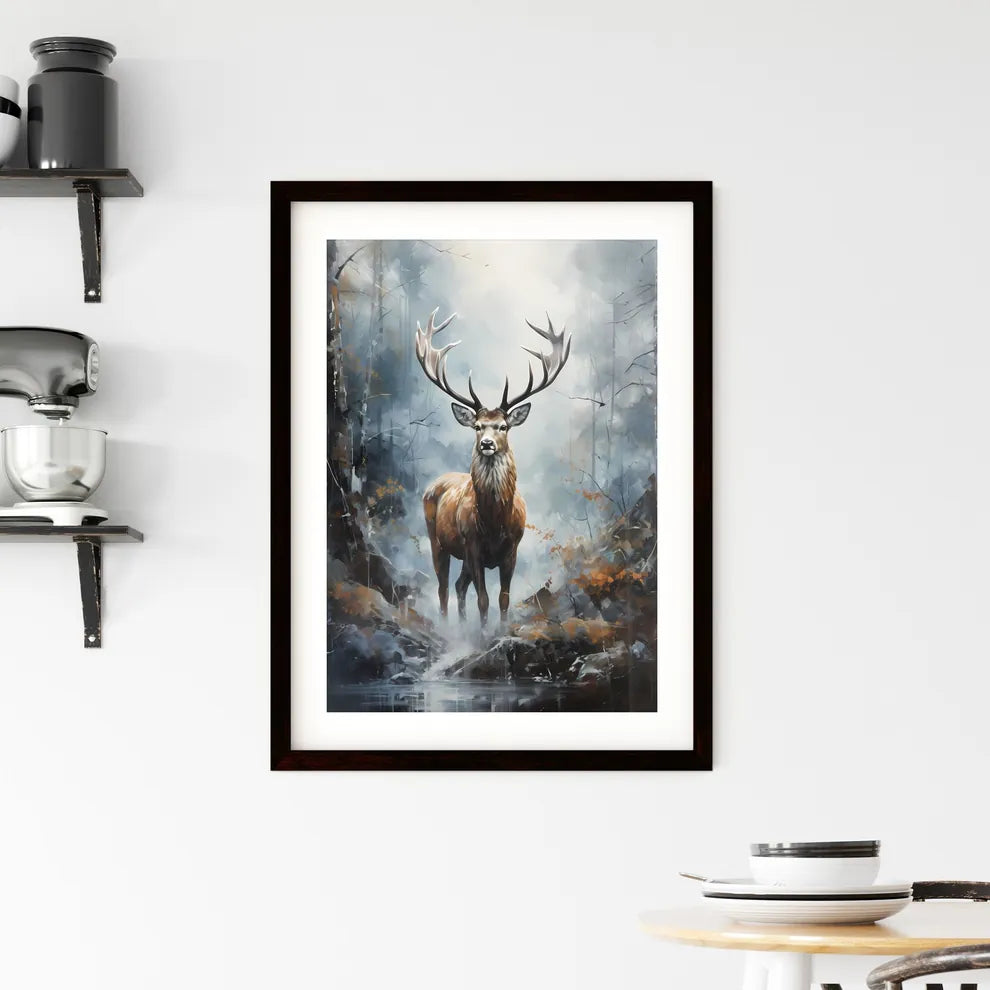 A Poster of elk in the fog print  Framed Print